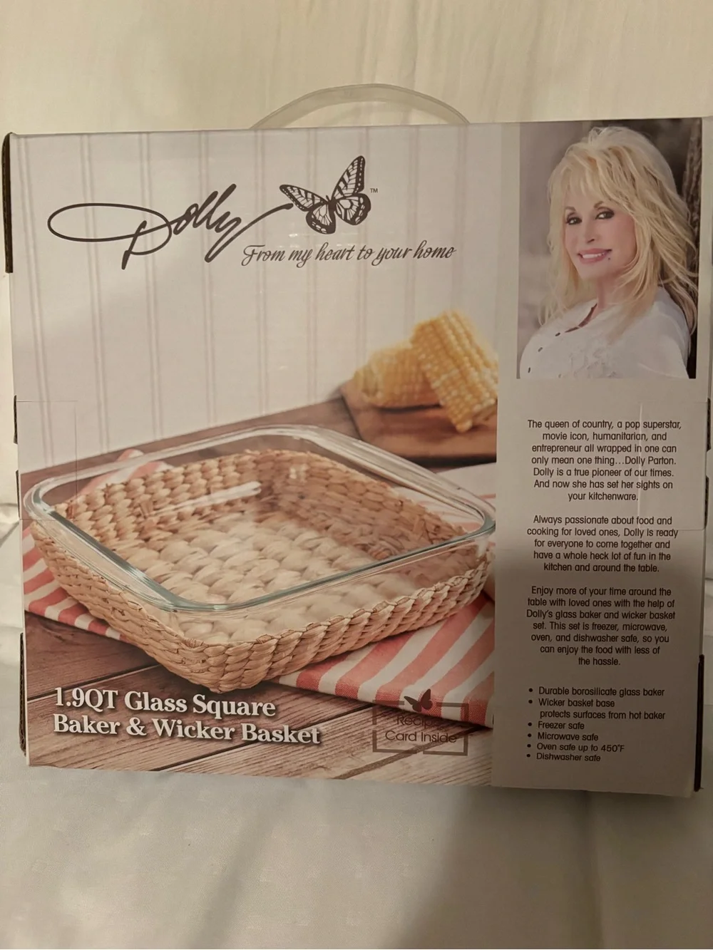 Dolly 1.9QT Square Baker with Tan Wicker Basket